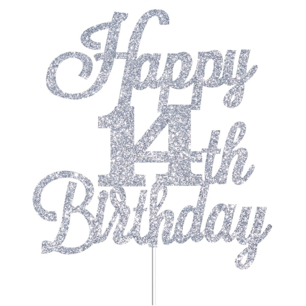 Happy 14th Birthday Cake Toppers Silver Glitter, Cheers to 14 Years Old Bday Decoration 14th Anniversary Cake Topper, Fourteen Theme Cake Decorations for Birthday Anniversary Party