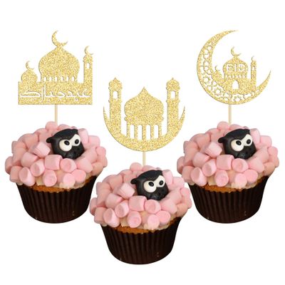 24 Pack Eid Mubarak Cupcake Toppers Glitter Star Ramadan Kareem Cupcake Pick Moon Star Eid Islamic Muslim Theme Party Cake Decoration Supplies Gold