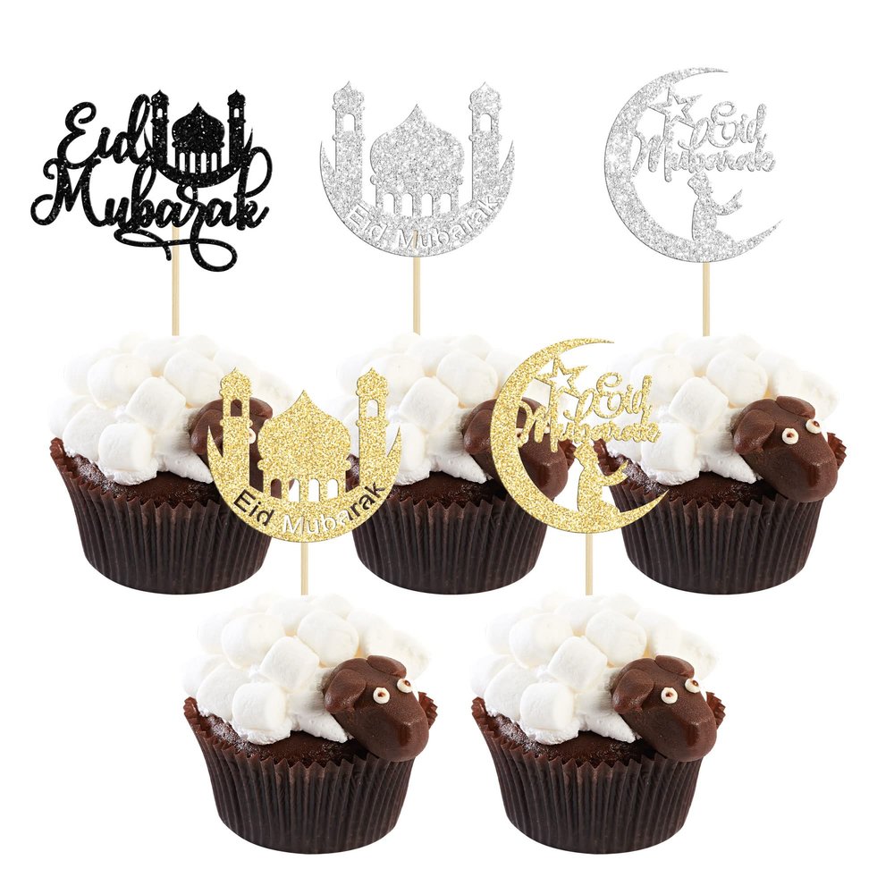 24 Pack Cupcake Toppers - Moon Star Happy Eid Mubarak Cupcake Picks - Islamic Muslim Theme - Ramadan Kareem Eid Party Cake Decorations