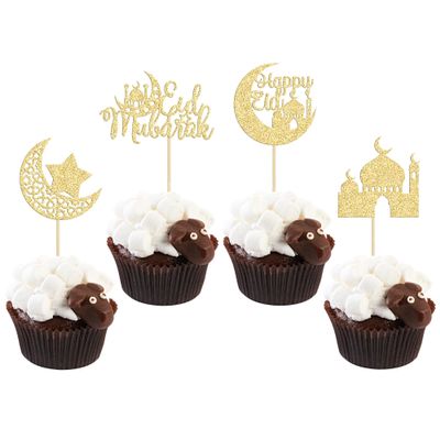 24 Pack Eid Mubarak Cupcake Toppers Gold Glitter Moon Star Happy Eid Cupcake Picks for Islamic Muslim Mubarak Festival Ramadam Kareem Party Cake Decorations Supplies
