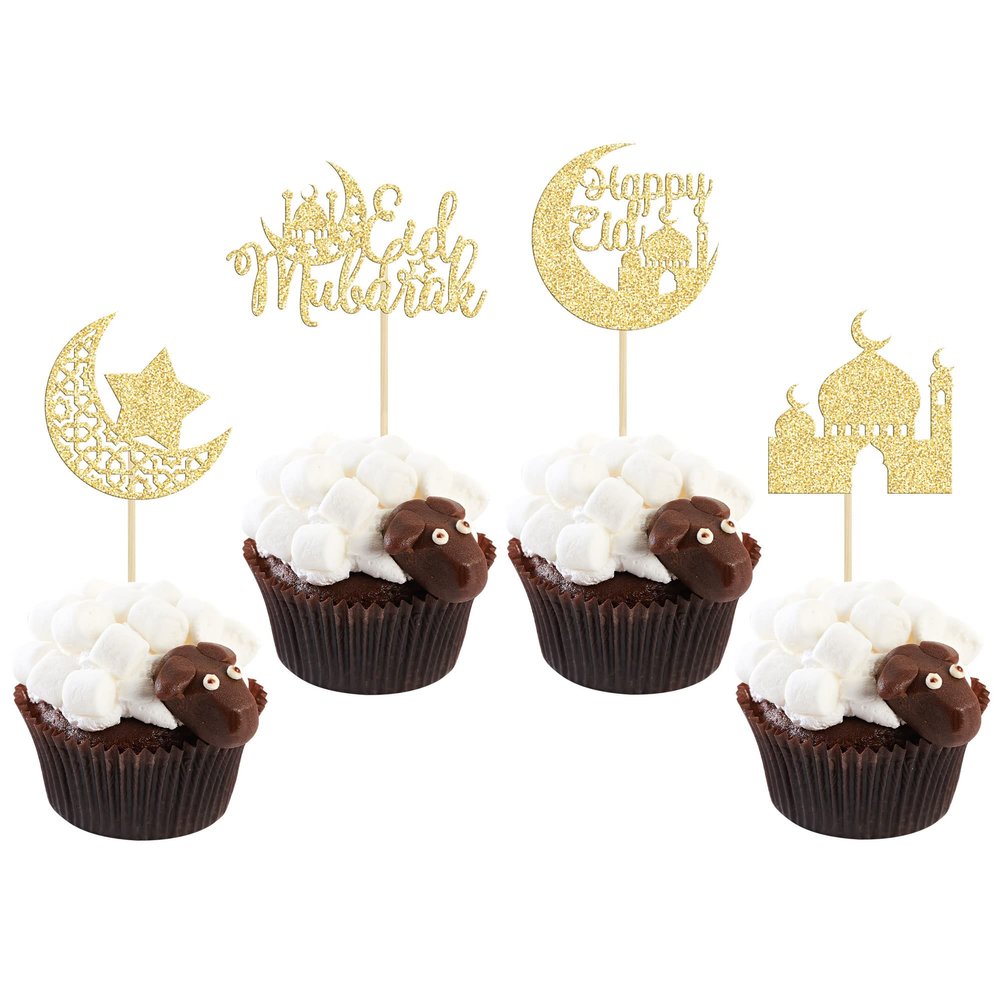 24 Pack Eid Mubarak Cupcake Toppers Gold Glitter Moon Star Happy Eid Cupcake Picks for Islamic Muslim Mubarak Festival Ramadam Kareem Party Cake Decorations Supplies
