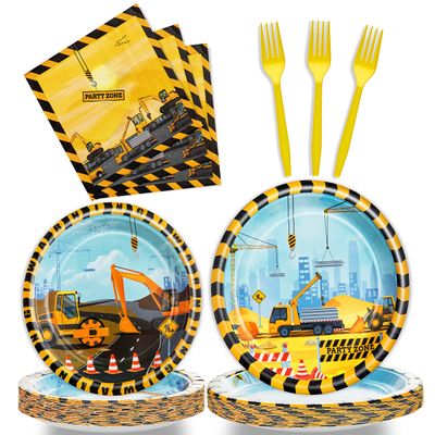 96 Pcs Construction Birthday Party Plates Napkins Forks Supplies Tableware Set Disposable Table Dump Truck Theme Decoration for Boys/Kids Birthday Party, Serves 24 Guests