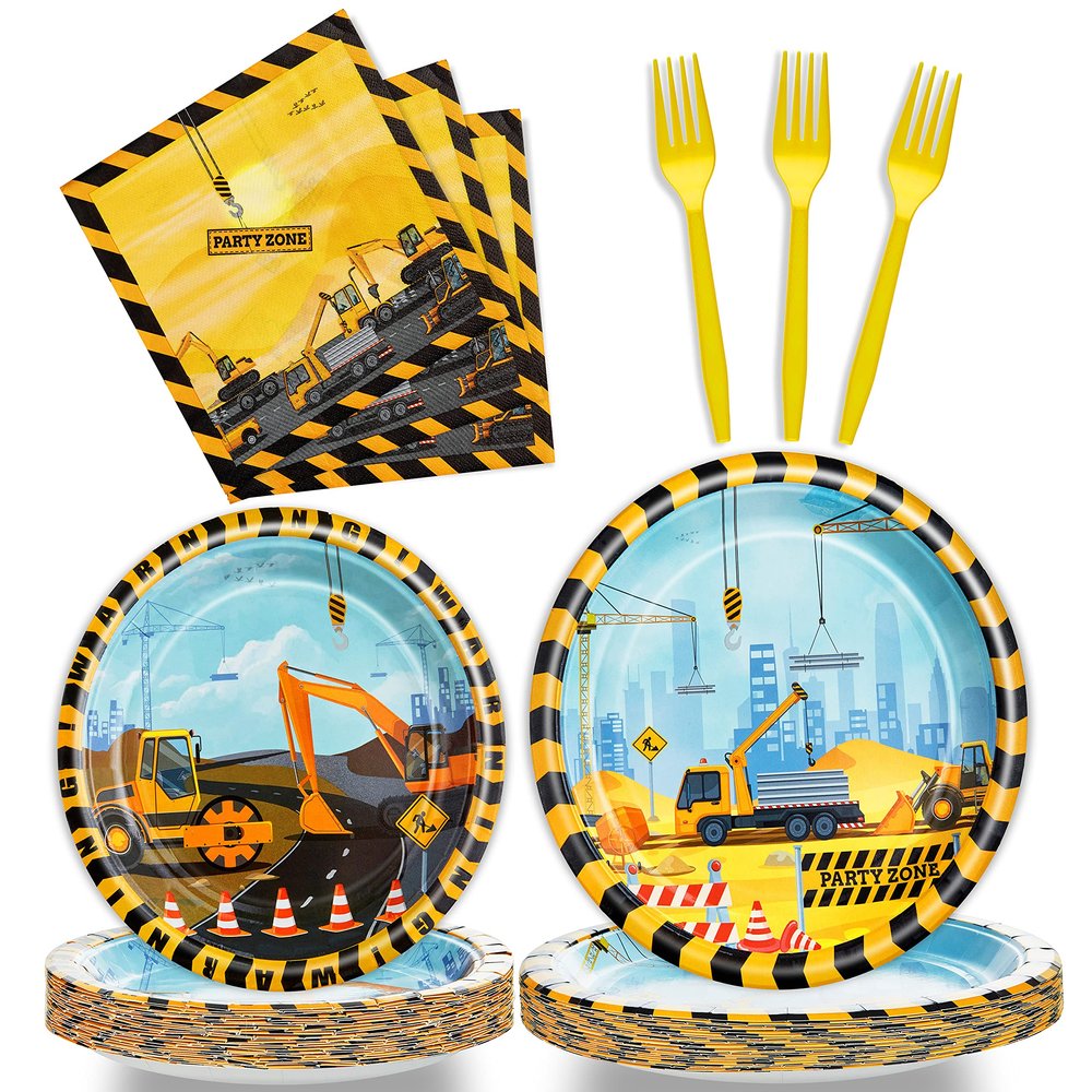 96 Pcs Construction Birthday Party Plates Napkins Forks Supplies Tableware Set Disposable Table Dump Truck Theme Decoration for Boys/Kids Birthday Party, Serves 24 Guests