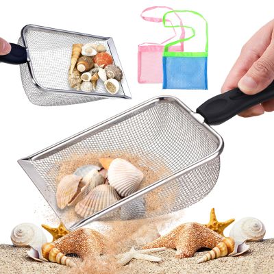 4Pcs Beach Mesh Shovel with Bag Shark Tooth Mesh Bag for Shell Collecting, Sand Sifter for The Beach, Shovel for Boys and Girls Picking Up Shell