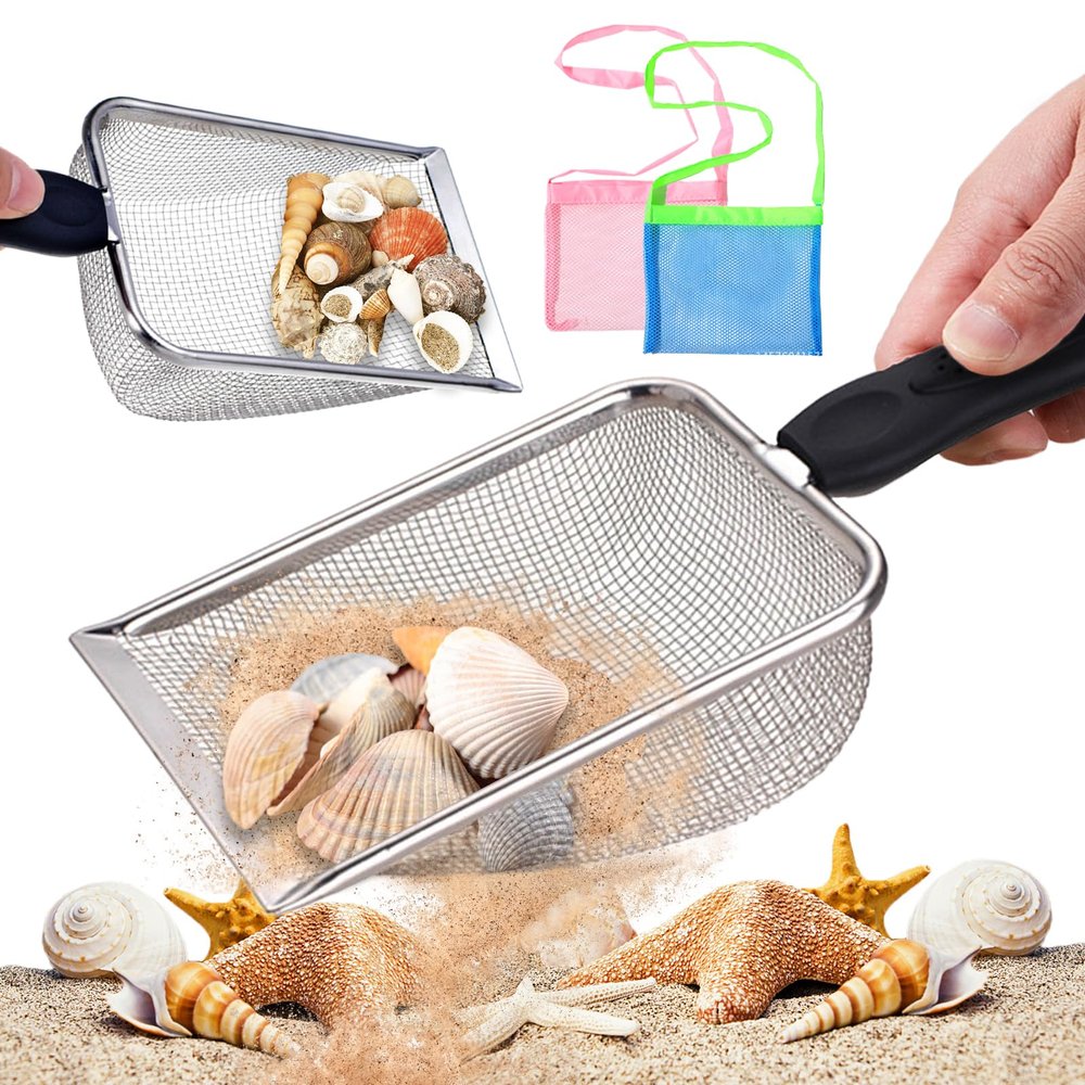 4Pcs Beach Mesh Shovel with Bag Shark Tooth Mesh Bag for Shell Collecting, Sand Sifter for The Beach, Shovel for Boys and Girls Picking Up Shell
