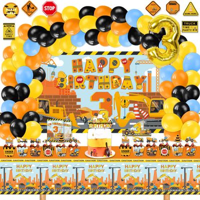 Mpanwen Construction Birthday Party Supplies for 3 Year Old Boy, 139 Pcs Dump Truck Party Decorations for Boys Baby - Backdrop, Cupcakes Wrappers, Party Traffic Signs, Tablecloth, Crown and Poster