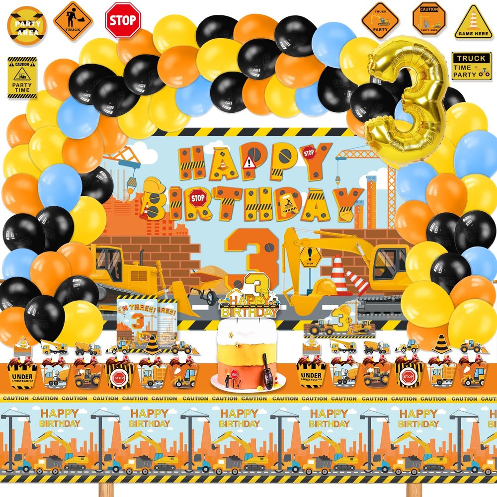 Mpanwen Construction Birthday Party Supplies for 3 Year Old Boy, 139 Pcs Dump Truck Party Decorations for Boys Baby - Backdrop, Cupcakes Wrappers, Party Traffic Signs, Tablecloth, Crown and Poster