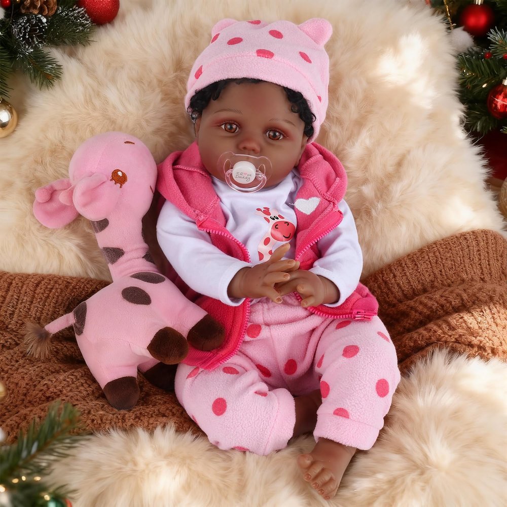 CHAREX Reborn Baby Dolls, 22'' African American Realistic Weighted Toddler Doll with Black Curly Hair and Open Eyes, Cloth Body, Lifelike Real Baby Doll Gift with Accessories Set, Vinyl, Age 3+