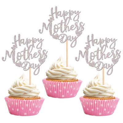 24 PCS Happy Mother's Day Cupcake Toppers Glitter Heart Best Mom Cupcake Picks Love Mother Cake Decorations for Happy Mother's Day Women Birthday Party Supplies Silver
