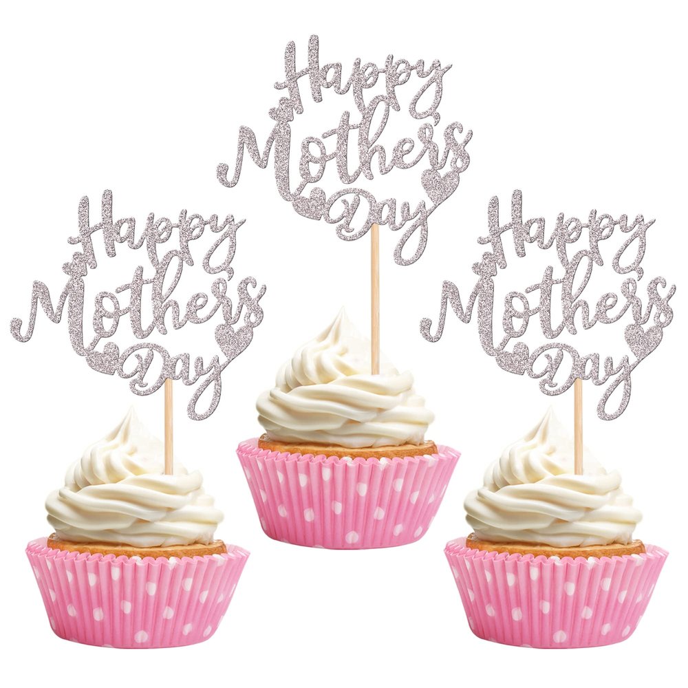 24 PCS Happy Mother's Day Cupcake Toppers Glitter Heart Best Mom Cupcake Picks Love Mother Cake Decorations for Happy Mother's Day Women Birthday Party Supplies Silver