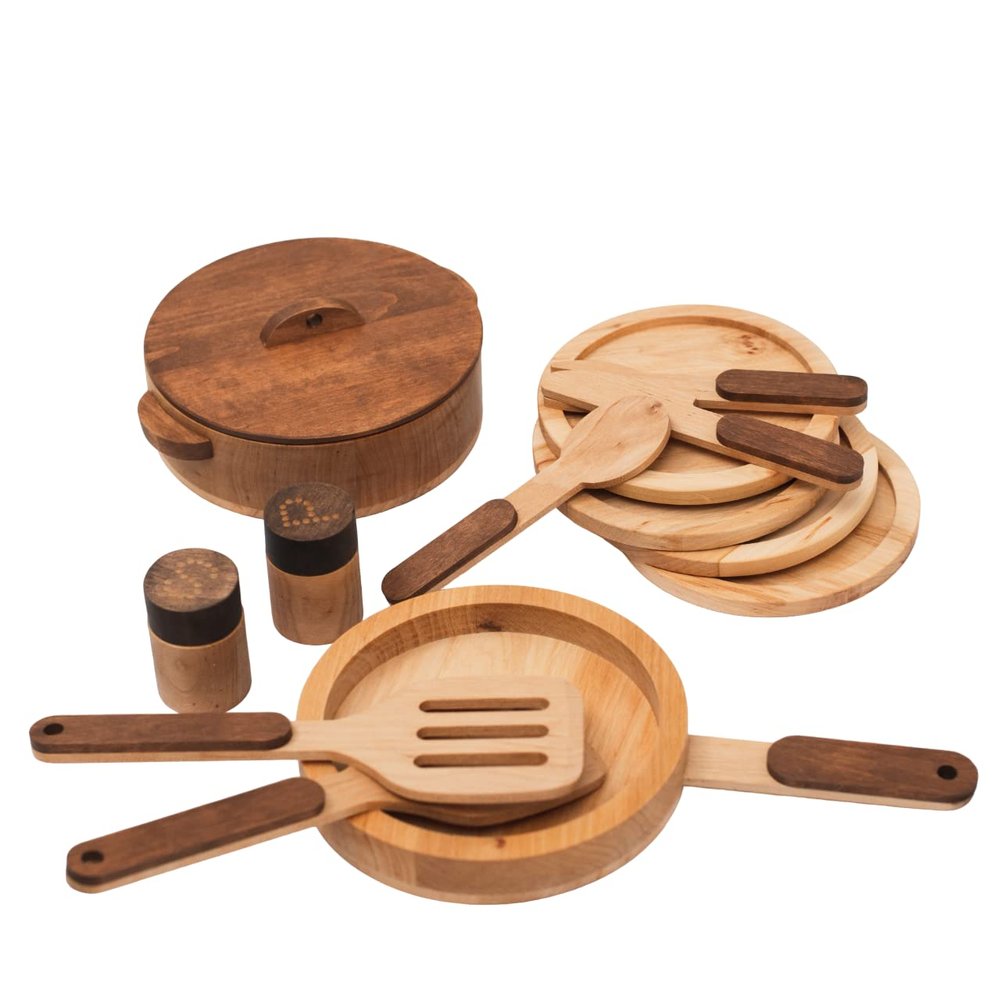 Wooden Play Kitchen Dishes Montessori Tools Pretend Play Kitchen Dishes Set for Kids Toys Cutting Board Toddler Utensils Wooden Christmas Birthday Gift (Dishes & Cutting Set For 2)