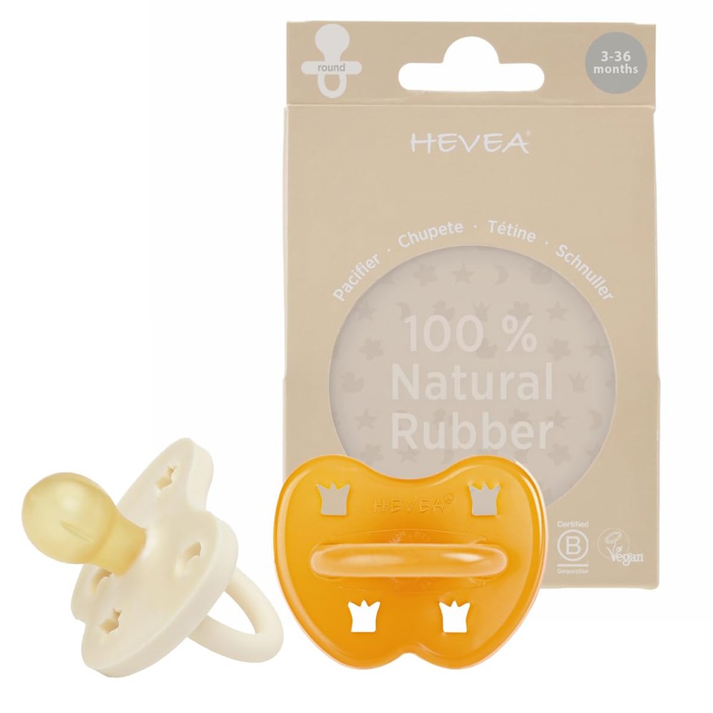 HEVEA Natural Rubber Pacifier Round 3-36 Months Hygienic One Piece Design for Newborns to Toddlers, BPA-Free, Soft & Durable 2-Pack (Milky White & Natural)