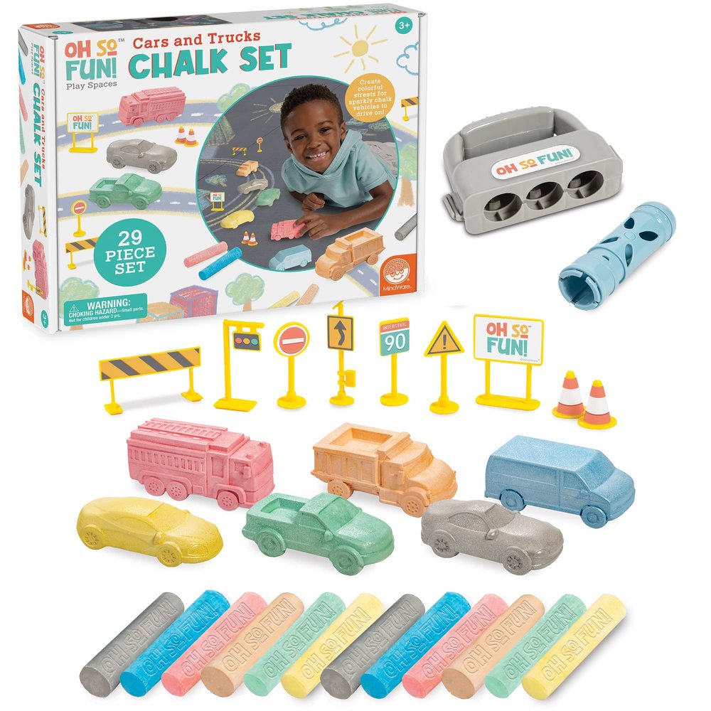 MindWare Oh So Fun Cars and Trucks Sidewalk Chalk Set, Vehicle Shaped Chalk with Road Signs and Holders for Outdoor Creative Play, 29 Piece Chalk Activity Set for Kids Ages 3+, Gift for Toddlers
