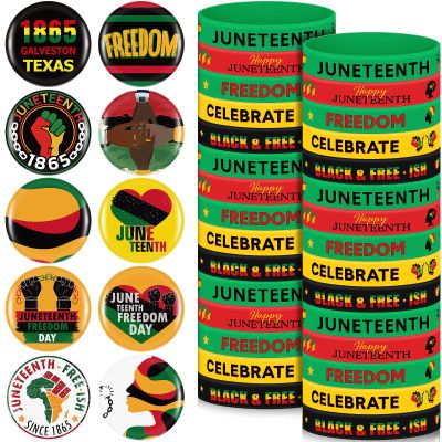 Batiyeer 100 Pcs Juneteenth Silicone Bracelets with Pins Set Including 50 Silicone Wristbands 50 Juneteenth Buttons Badges African Party Decorations for Juneteenth Party Supplies Favors