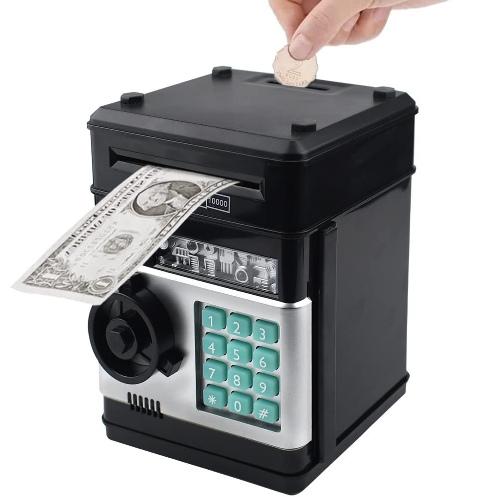 Totola Piggy Bank Electronic Mini ATM for Kids Baby Toy, Safe Coin Banks Money Saving Box Password Code Lock for Children,Boys Girls Best Gift (Black)