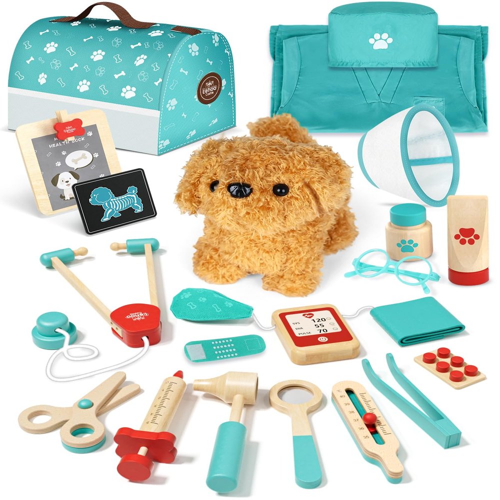 Lehoo Castle Wooden Doctor Kit for Kids, Vet Play Sets, Veterinarian Kit Pretend Play Doctor Set with Dog Bag, Medical Kits Doctor Toys Gift for Boys Girls Aged 3 4 5