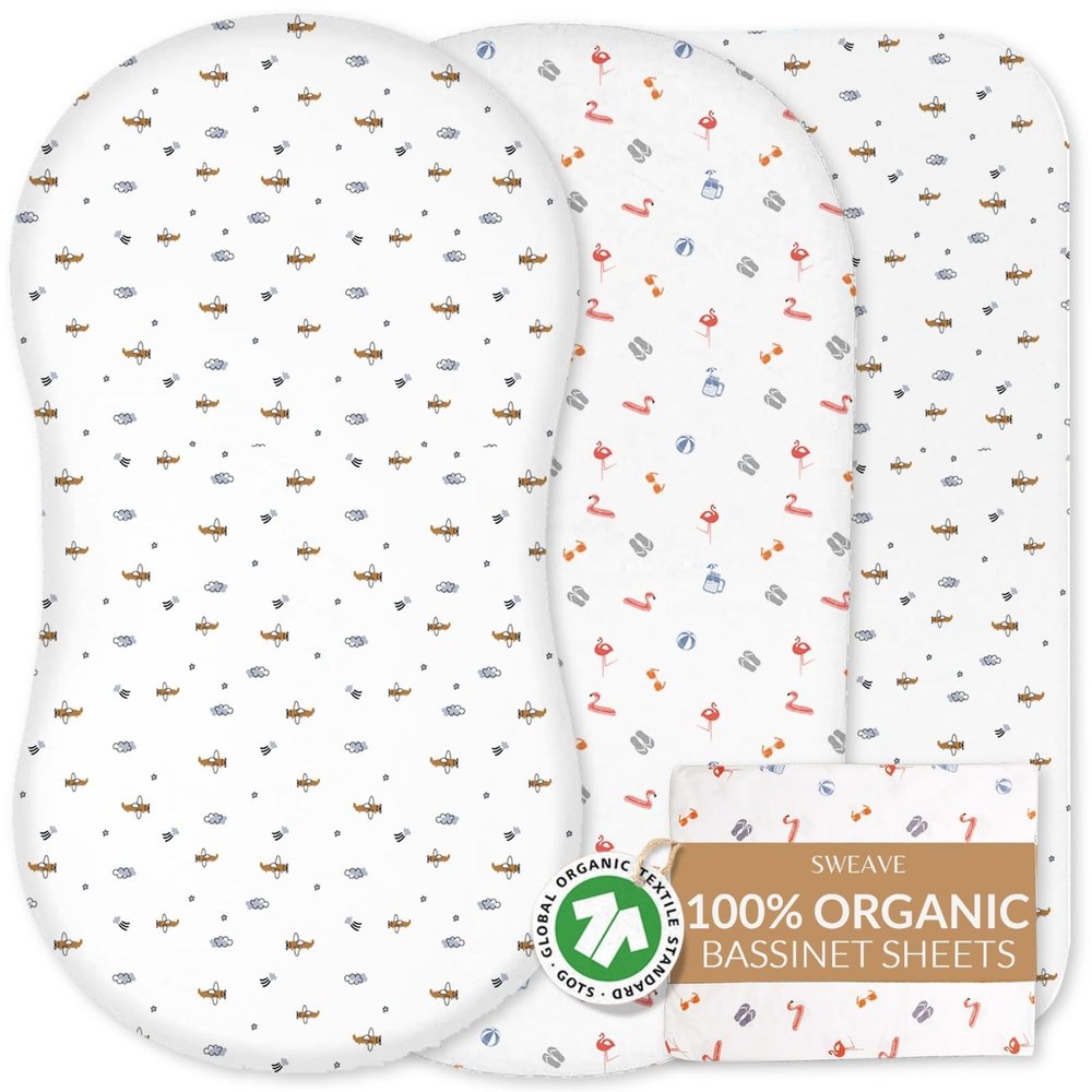 100% Organic Cotton Bassinet Sheets (2-Pack) - GOTS Certified - Bassinet Bedding for Standard Size Oval & Rectangular Mattress - Breathable Percale Weave Softens with Each Wash - 33" L x 15" W