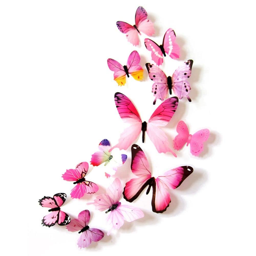 12pcs Butterfly Wall Decor, Removable 3D Butterfly Wall Decals Wall Stickers & Murals for DIY Kids Nursery Bedroom Decor (Pink)