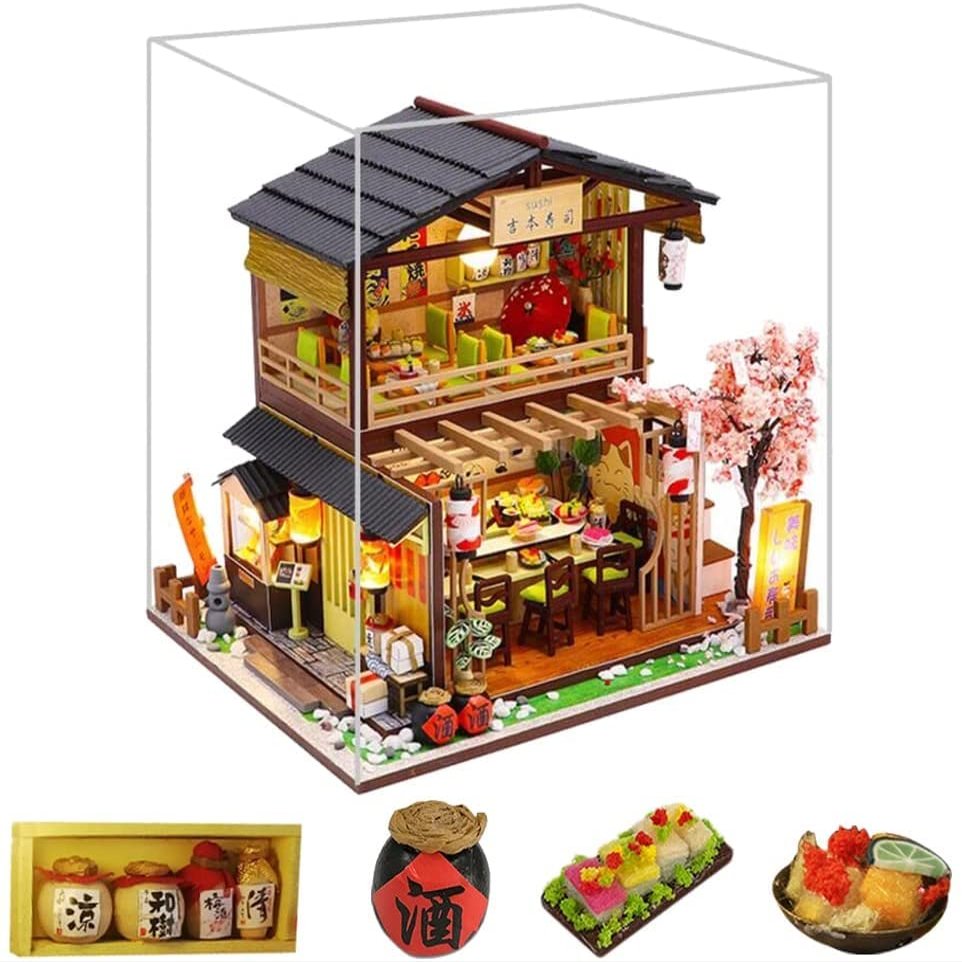 TOPBSFARNY DIY Dollhouse Miniature with Furniture, DIY Wooden Dollhouse Kit Plus Dust Proof and Music Movement, 1:24 Scale Creative Room Idea(Sushi Store)