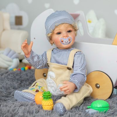 TERABITHIA 22 Inches Rooted Blond Curly Hair Lifelike Reborn Baby Doll Crafted in Vinyl Full Body Anatomically Correct Newborn Realistic Smiling Toddler Boy Dolls with Teeth Look Real