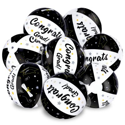 Whaline 12Pcs Graduation Inflatable Beach Balls 11.8 Inch Congrats Grad Beach Ball Black White Graduation Pool Party PVC Bech Balls for Swimming Pool Party Summer Water Sand Game