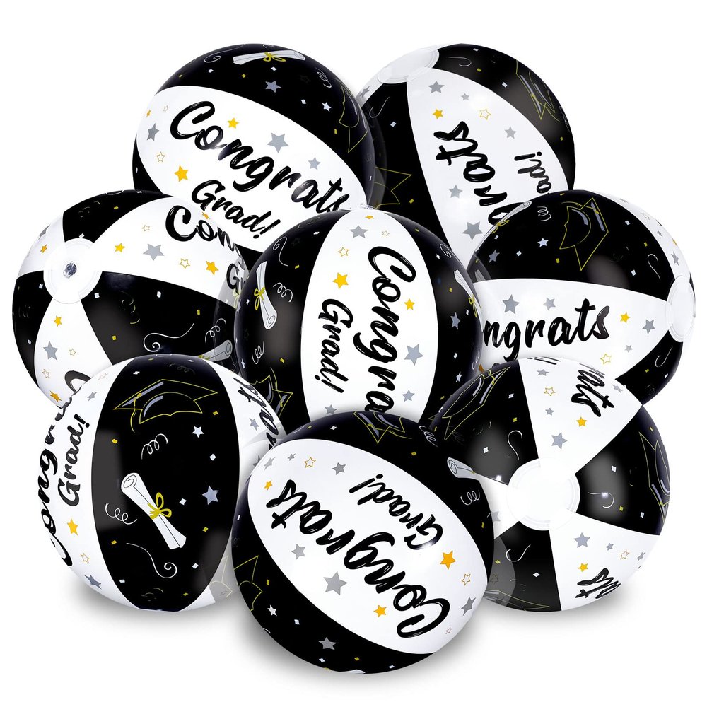 Whaline 12Pcs Graduation Inflatable Beach Balls 11.8 Inch Congrats Grad Beach Ball Black White Graduation Pool Party PVC Bech Balls for Swimming Pool Party Summer Water Sand Game