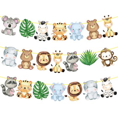 Jungle Safari Banners 2pcs Safari Animals Birthday Party Cutout Banners Theme Party Garland Decorations for Wild One Baby Shower Supplies