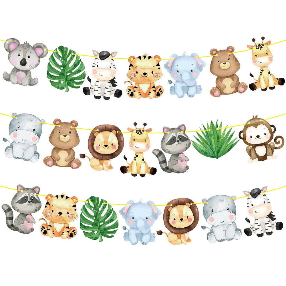Jungle Safari Banners 2pcs Safari Animals Birthday Party Cutout Banners Theme Party Garland Decorations for Wild One Baby Shower Supplies