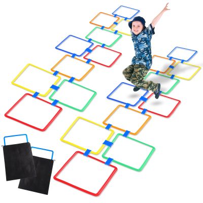 Woanger 2 Sets of Hopscotch Outdoor Squares 20 Pcs Hopscotch Ring Game with 30 Pcs Connectors Outdoor Indoor Obstacle Course for Kids Playground Agility Training(Square,15 Inch)