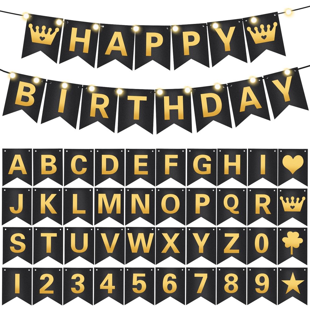 TaoBary 135 Pcs DIY Banner Custom Letters Kit Make Your Own Banner for Birthday Graduation Party Decor Include 107 Letters and Numbers, 16 Symbols, 2 String Lights, 5 Needles, 5 Rope (Black)