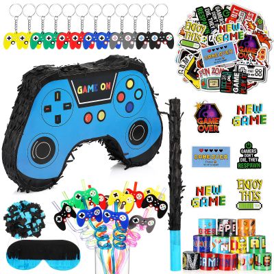 Meooeck 90 Video Game Party Favors Include Game Controller Piata with Blindfold Baton Confetti Slap Bracelet Keychain Straw Sticker Gamer Party Favors Gamer Birthday Decorations for Theme(Blue)