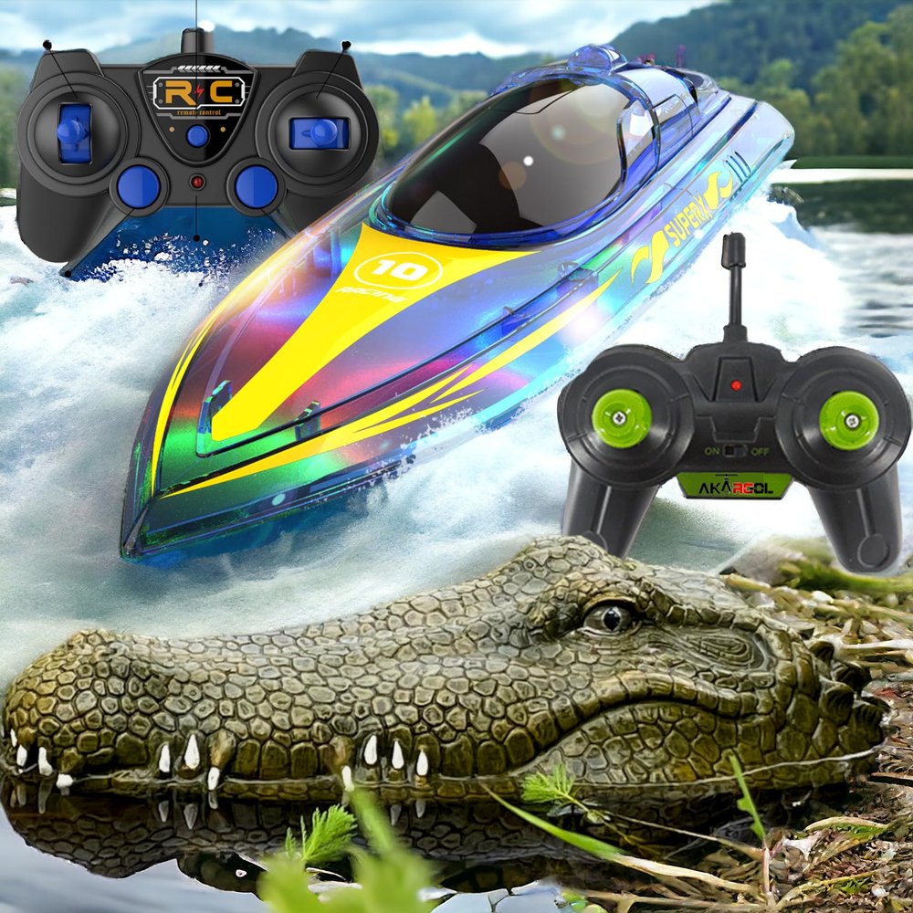 Akargol Ultimate Aquatic Adventure Bundle RC Boat with LED Light and Remote Control Alligator Head Fun for Kids and Adults in Pools and Lakes!