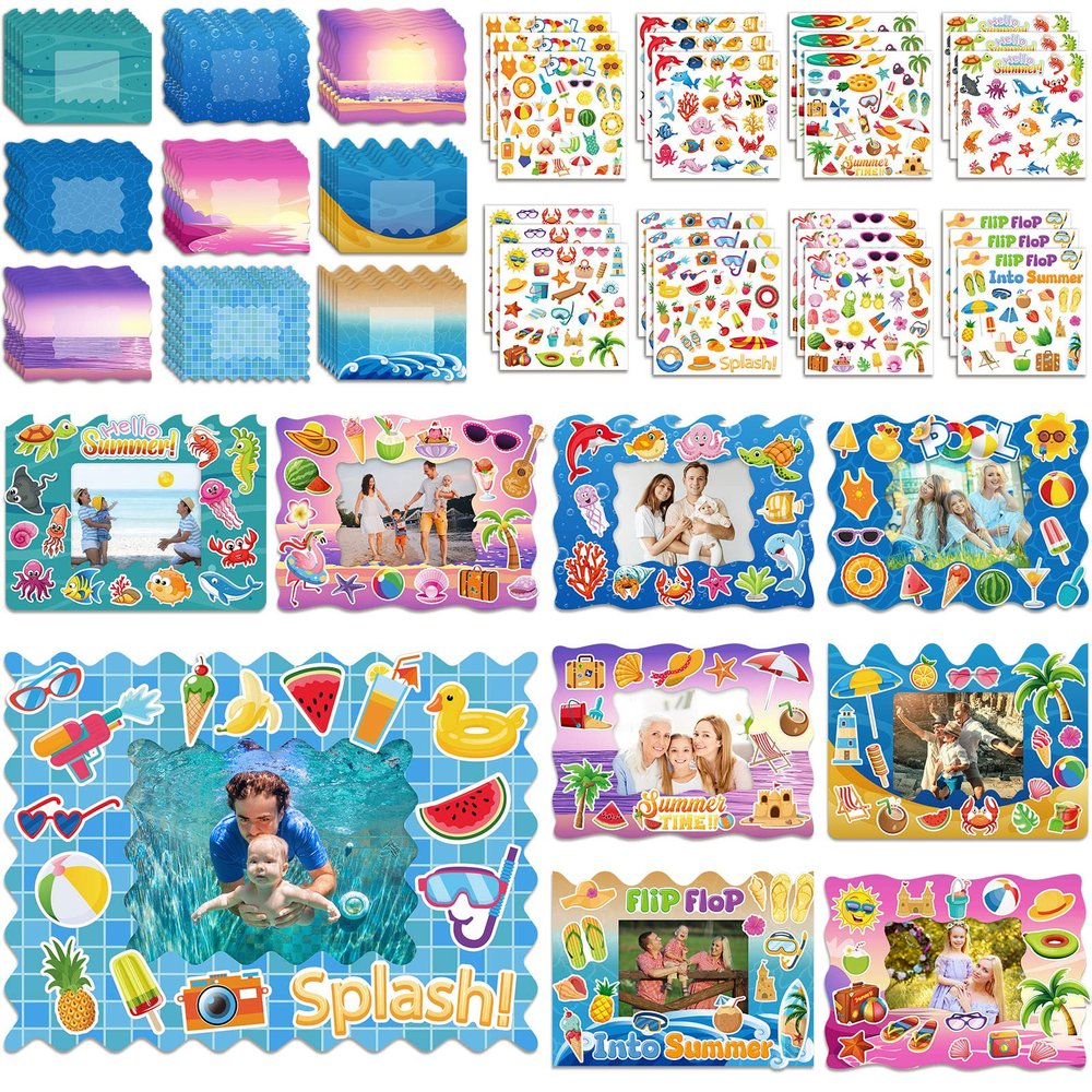 Ctosree 54 Packs Summer Picture Frames Craft Kit DIY Photo Frame Craft with Stickers Summer Cardboard Photo Frame Craft Under The Sea Craft Kits Game Activities Beach Pool Party Favors