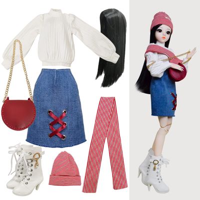 Proudoll 1/3 BJD Doll Clothes Outfit Set - Handcrafted Stylish Denim Skirt, White Hoodie, Scraf, Hat, Wig, Cross-Body Bag, and Boots, Compatible with 1/3 60cm 24in SD Dolls