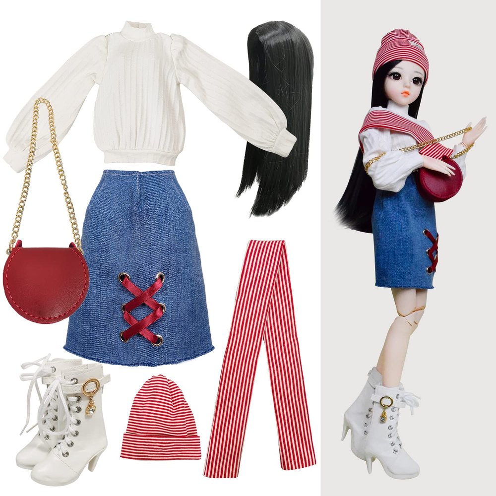 Proudoll 1/3 BJD Doll Clothes Outfit Set - Handcrafted Stylish Denim Skirt, White Hoodie, Scraf, Hat, Wig, Cross-Body Bag, and Boots, Compatible with 1/3 60cm 24in SD Dolls
