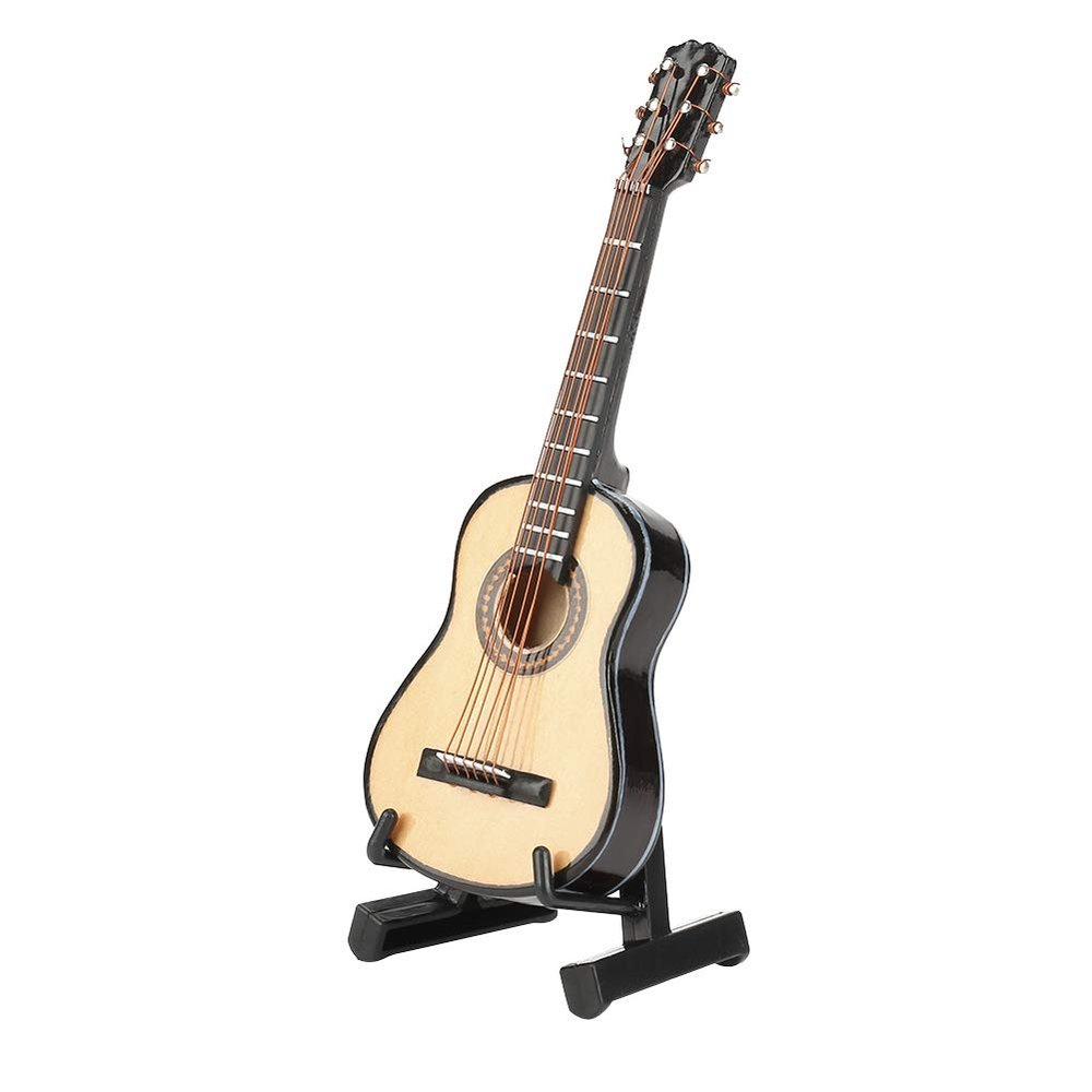 LiebeWH Miniature Wooden Guitar Model Worlds Smallest Musical Instrument Display with Stand Home Desk Decor Collectible Ornament for Office and Dollhouse