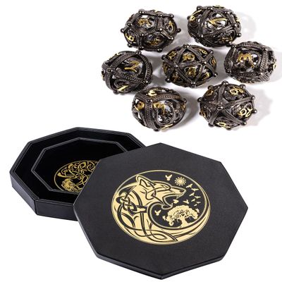 Black Gold Hollow Orb Dice and Gold World Tree & Wolf Dice Tray