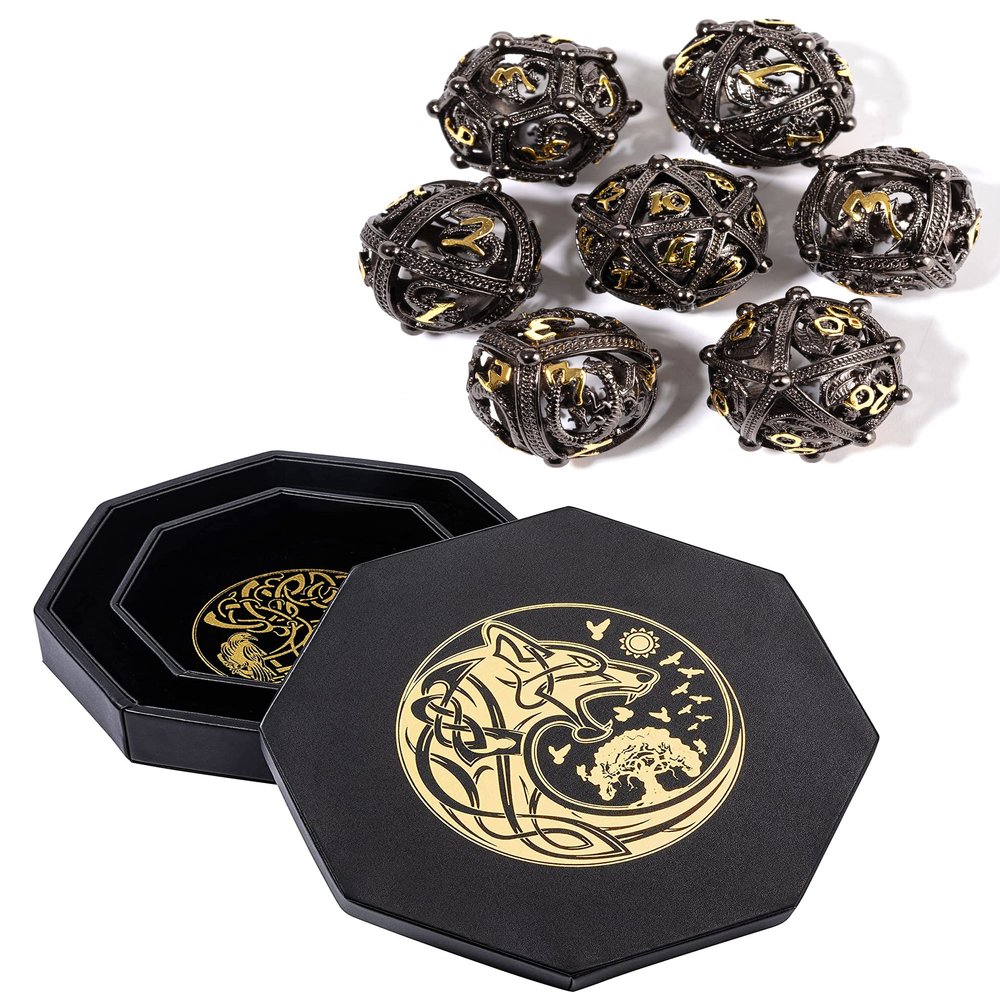Black Gold Hollow Orb Dice and Gold World Tree & Wolf Dice Tray