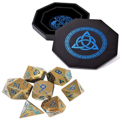 Blue Celtic Knot Dice Tray and Pharaoh Ruins Gold Metal Dice with Blue Cracks