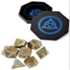 Blue Celtic Knot Dice Tray and Pharaoh Ruins Gold Metal Dice with Blue Cracks view 1