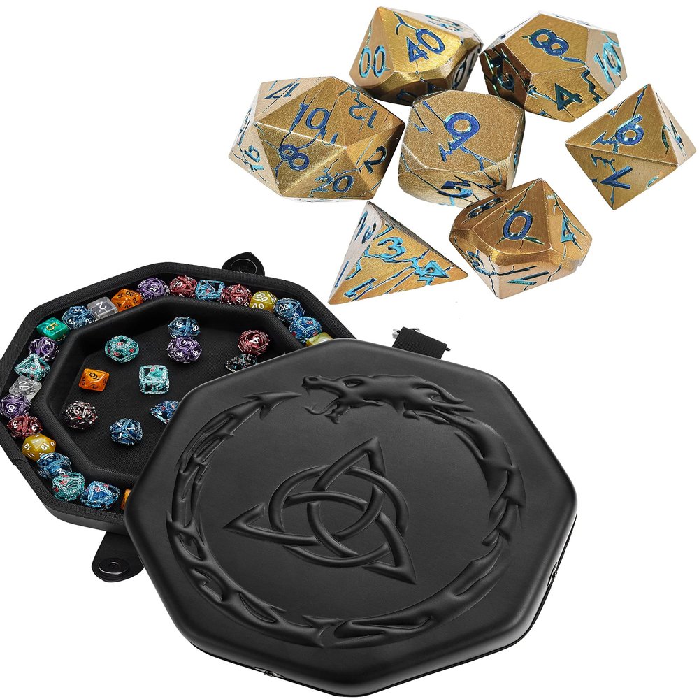 Premium DND Dice Tray + Pharaoh Ruins Gold Metal Dice with Blue Cracks