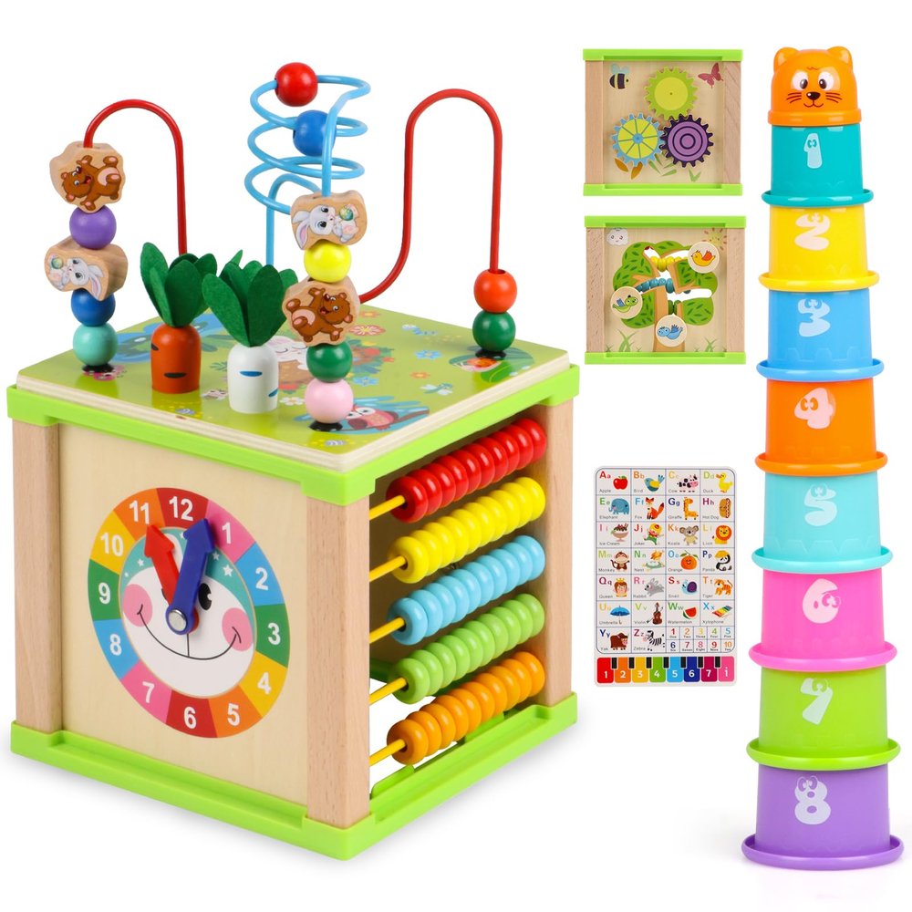 DIPALENT Wooden Activity Cube,Montessori Toys Gift Set for 12+ Months Boys & Girls,Educational Learning Toys for Toddlers Age 1+,First Birthday Gift for Baby