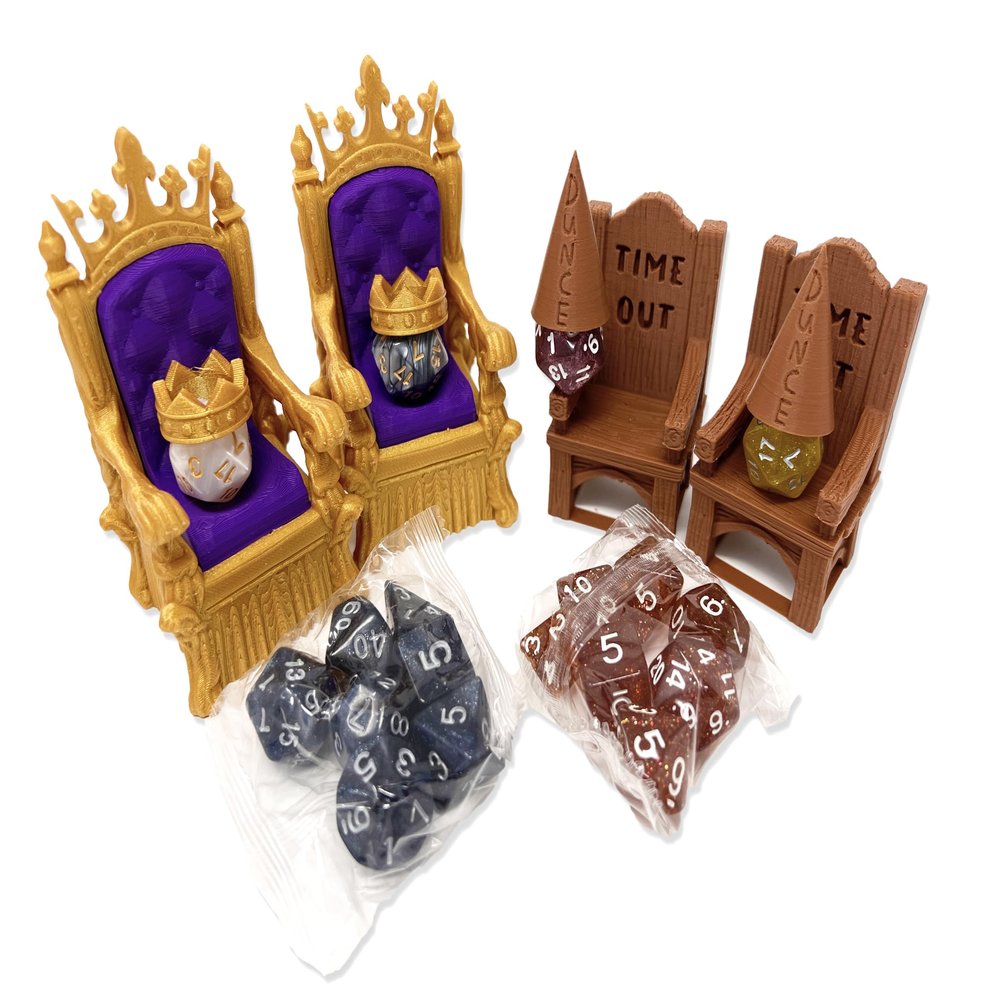 MunnyGrubbers - Dice Jail Cage - Time Out Chair & Dunce Hat - Chair of Shame - Crit Crown & Lucky Throne - (2x Random 7PC D20 Dice Set Included) - Gift for Dungeons and Dragons - DND - D&D - (Combo D)