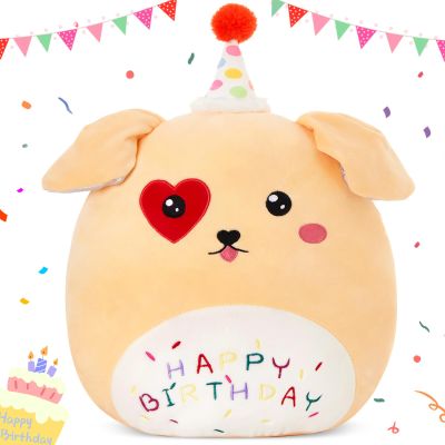 BSTAOFY 14'' Cute Happy Birthday Puppy Soft Plush Pillow Dog Stuffed Animal Birthday Gifts for Girls Boys Baby Kids
