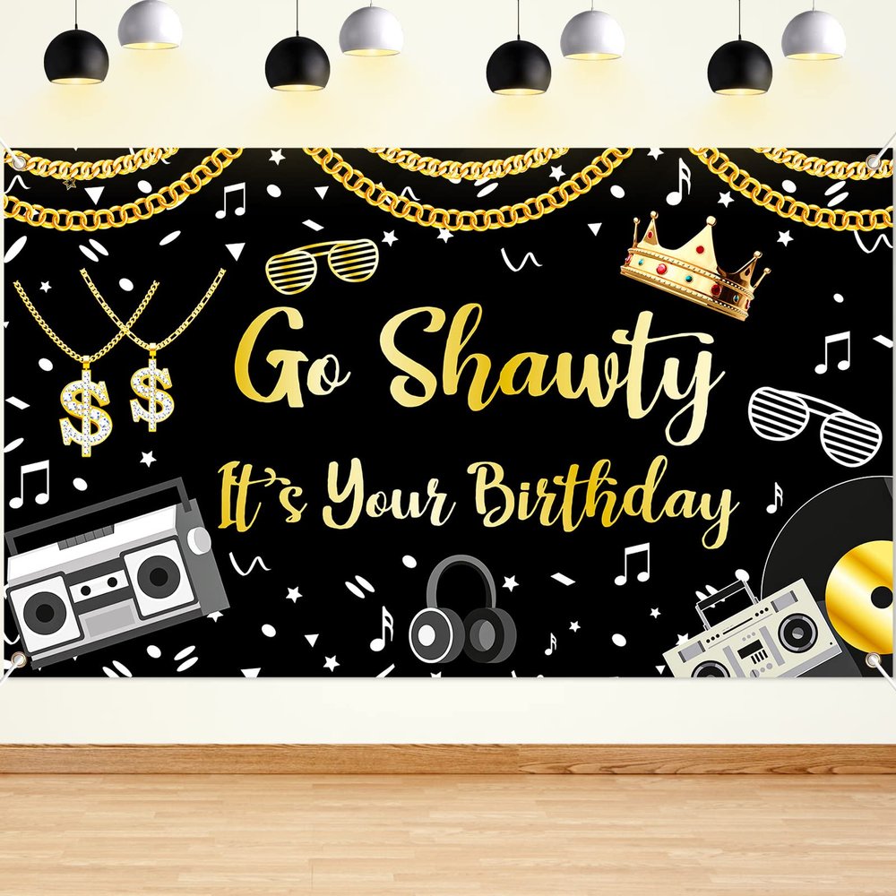 80s 90s Hip Hop Birthday Party Decorations - Glitter Rap Theme Banner & Backdrop - Funny Gold Chain Photo Booth Props