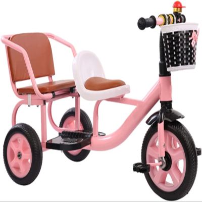 JIYIAN Double Seat Children Tricycle with Back Seat Storage Basket Built-in Multifunction Trike Perfect Two Children Ages 1-6 Years Old Over 1 Year Old Girl Gifts,Pink