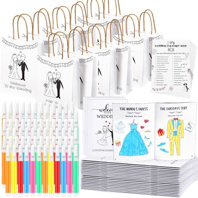 Gueevin 48 Pcs Wedding Activities for Kids Coloring Books Individually Packaged Wedding Coloring Books Gift Goodie Bags and Scavenger Hunt Sheets for Kids Games Favors (Watercolor Pens)