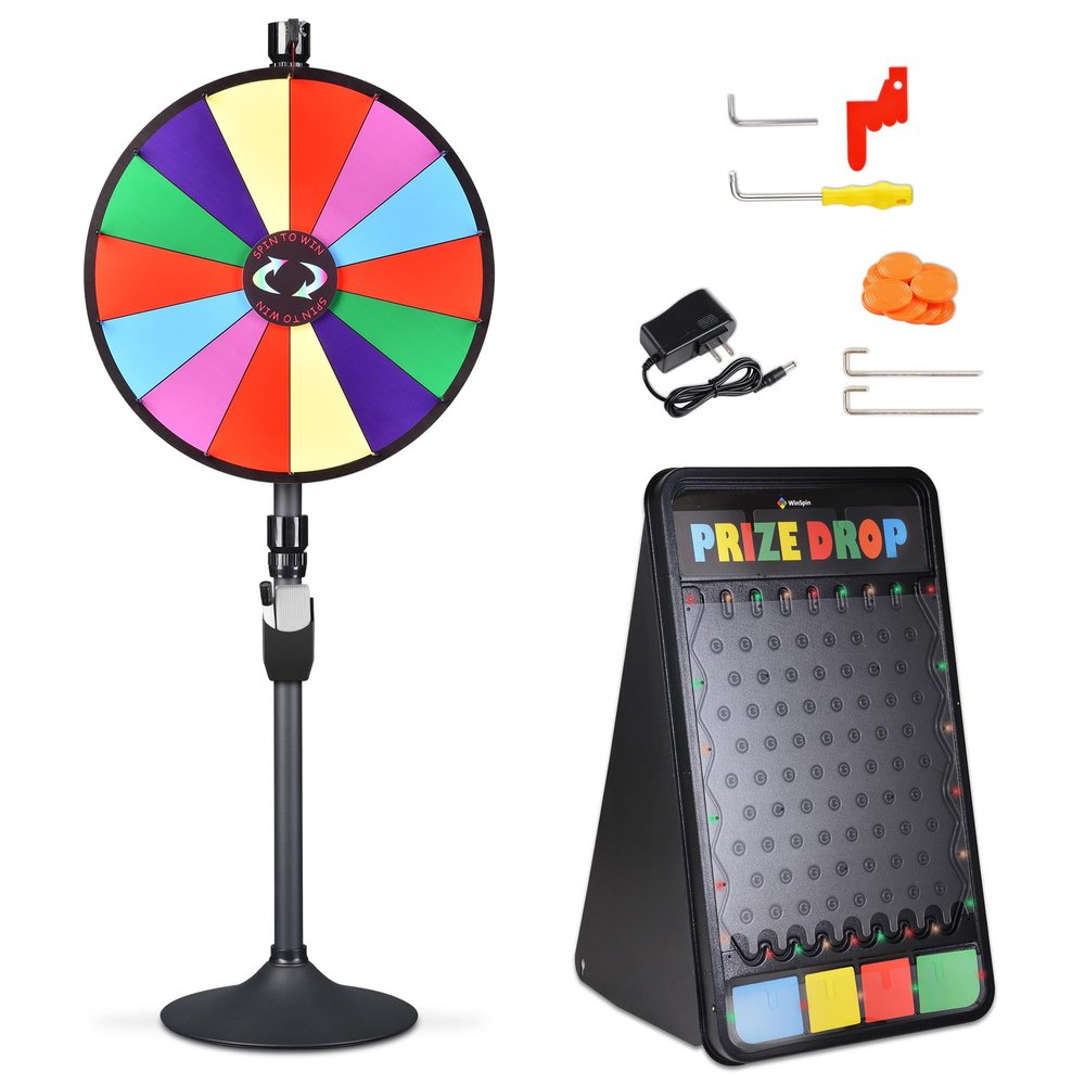 WinSpin 24 Inch Dual Use Spinning Wheel 14 Slots Prize Wheel with 41x25 Prize Drop Game Board w/LED Light for Party, Tradeshow