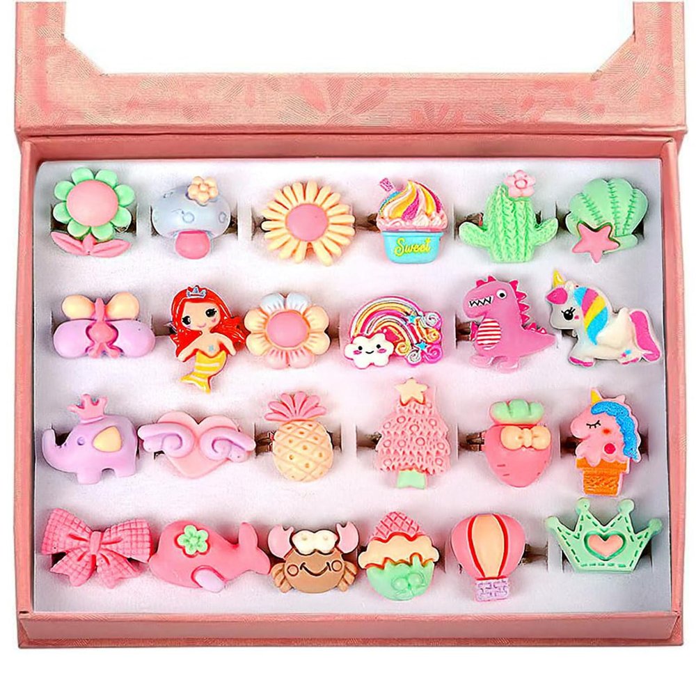 OSDUE Little Girl Adjustable Rings Toys, 24 PCS Duplicate-Free Boxed Play Ring for Kids, Girls Pretend Play and Dress Up Rings for Girls 3-12 Years Old Birthday Holiday Gifts