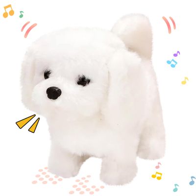 Hopearl Walking Dog Bichon Interactive Electronic Pet Plush Toy Puppy Woof and Moving Animated Nodding Head Gifts for Toddlers Birthday, White, 7''